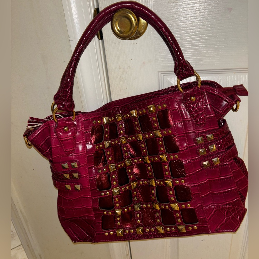 Studded Fushia & Red Metallic Faux Croc-Embossed Handbag